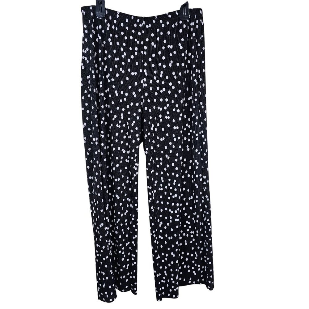 Coco Bianco Mini Pleats Wide Leg Pants XL Polka Dot Pull On Stretch Raw Hem USA